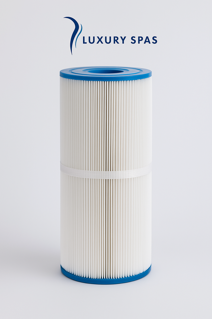 Luxury spa hot tub filter with blue edges and white pleated material for clean water filtration