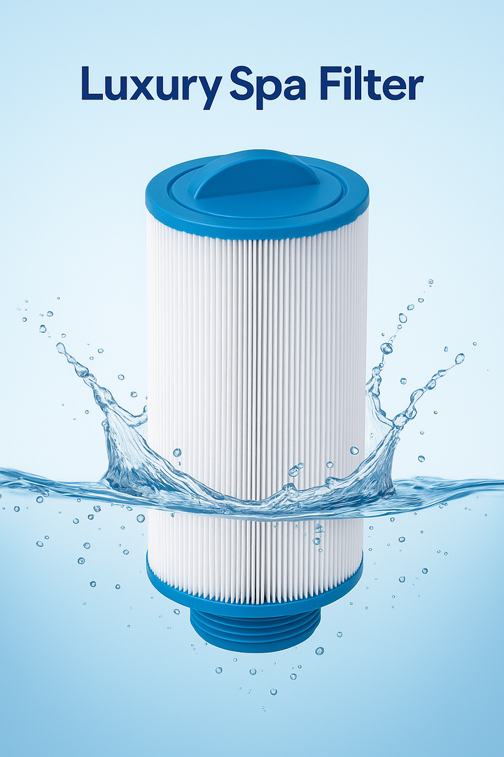 Luxury Spa hot tub filter with blue caps immersed in water splash for spa accessory