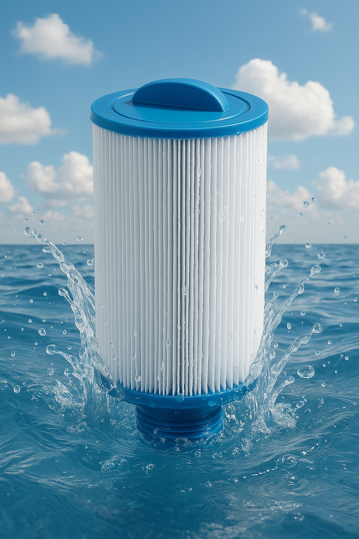 Luxury spa hot tub filter with blue caps splashing in clear water under a bright sky
