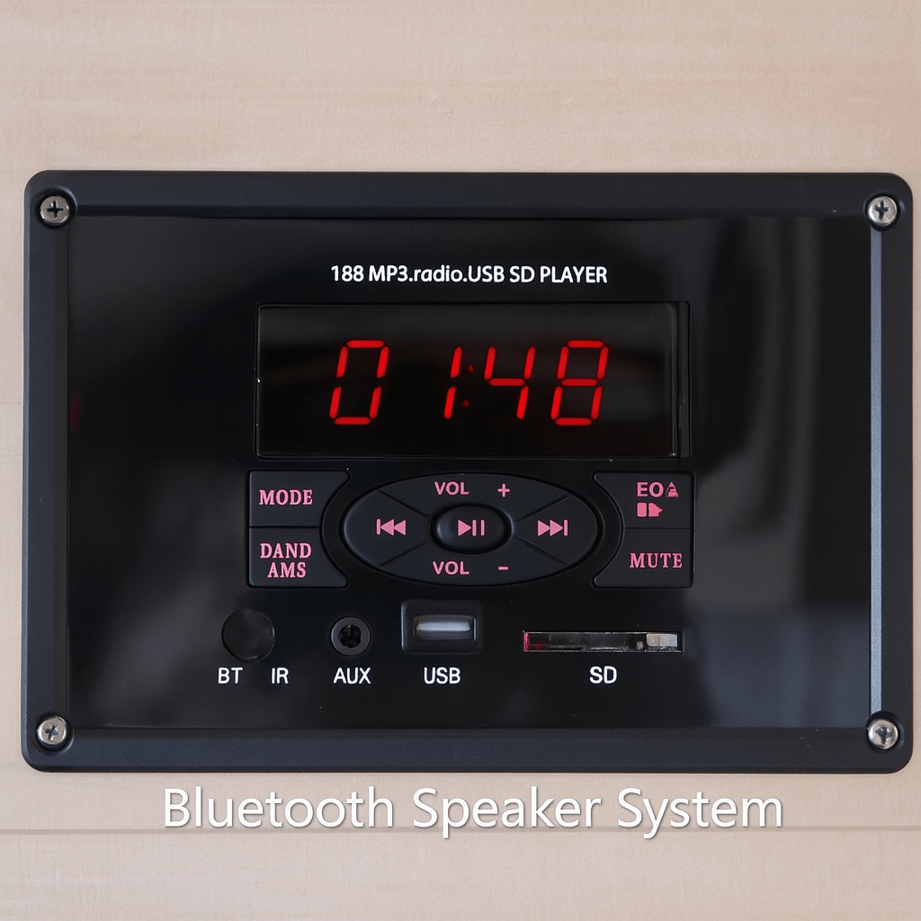 Bluetooth speaker system for luxury two-person sauna with control panel and digital display
