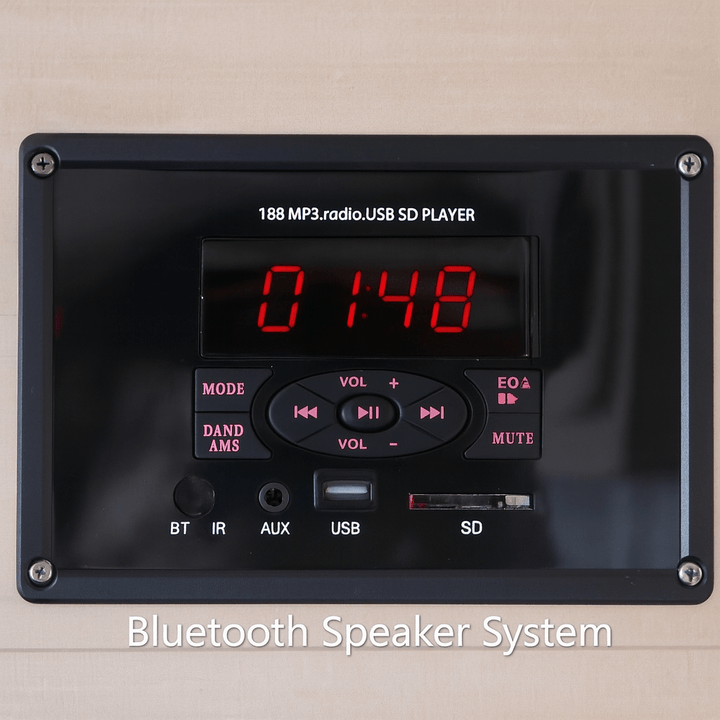 Bluetooth speaker system for luxury two-person sauna with control panel and digital display