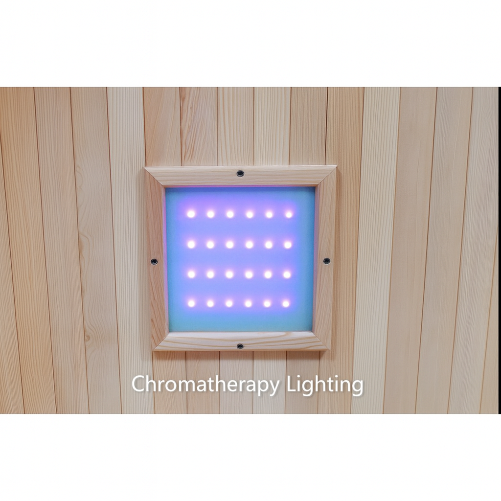 Chromatherapy lighting panel inside SunRay luxury two-person sauna with wooden interior walls