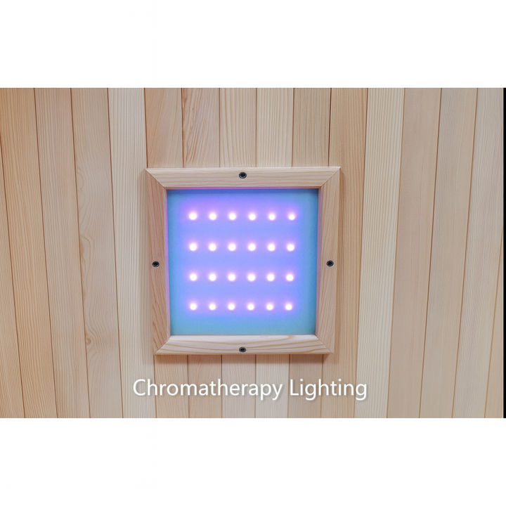 Chromatherapy lighting panel inside SunRay luxury two-person sauna with wooden interior walls