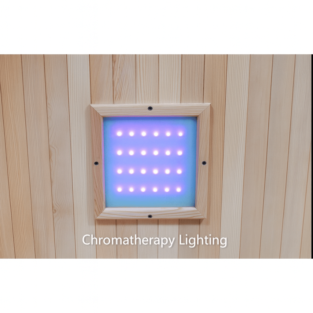 Chromatherapy lighting feature inside a SunRay luxury two-person sauna for enhanced relaxation