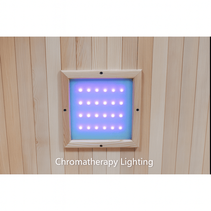Chromatherapy lighting feature inside a SunRay luxury two-person sauna for enhanced relaxation