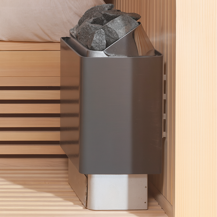 SunRay luxury two-person sauna heater with sauna stones in a wooden sauna interior