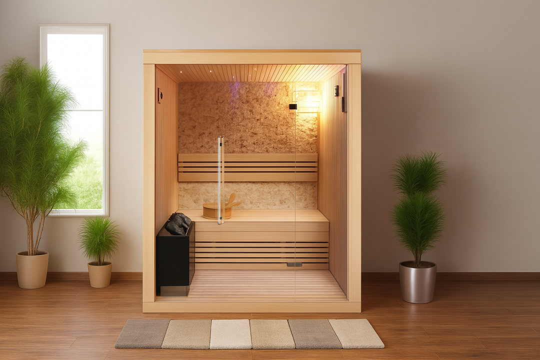 SunRay luxury two-person sauna with wooden interior and glass door in modern home setting