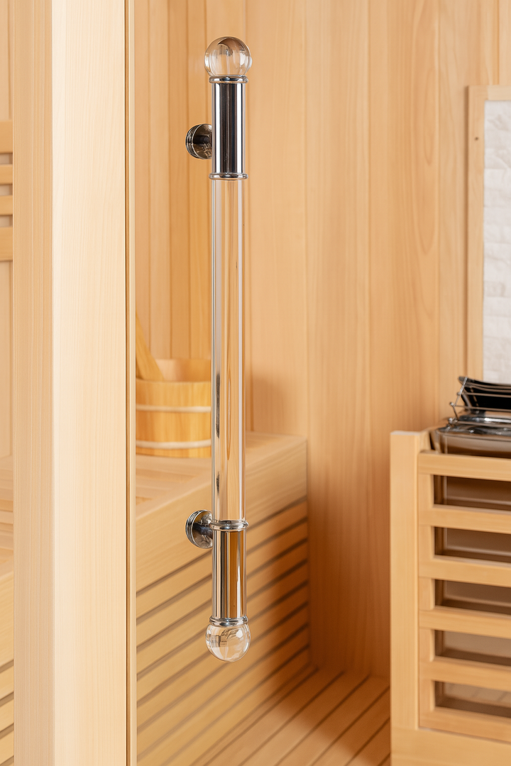 SunRay luxury two-person sauna with wooden interior and polished metal door handle