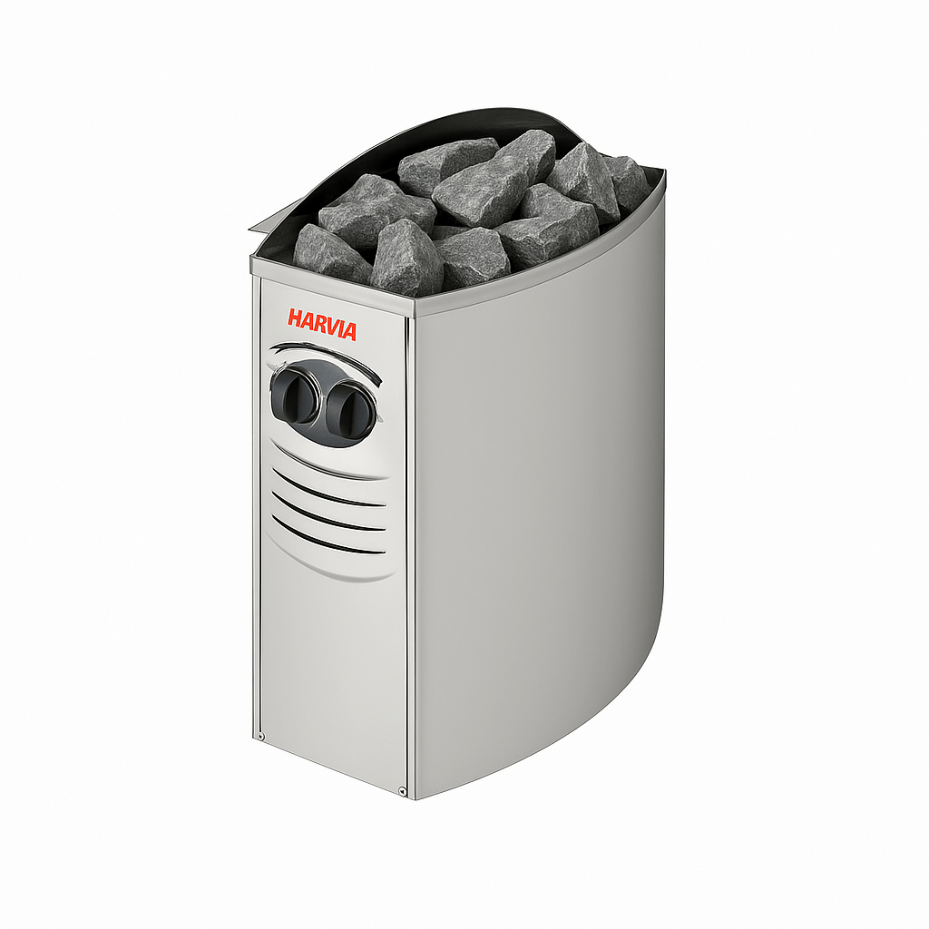 Harvia heater for luxury two-person sauna with stone compartment for even heat distribution