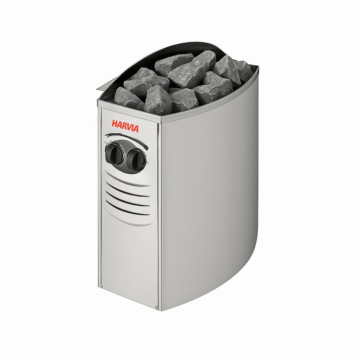 Harvia heater for luxury two-person sauna with stone compartment for even heat distribution