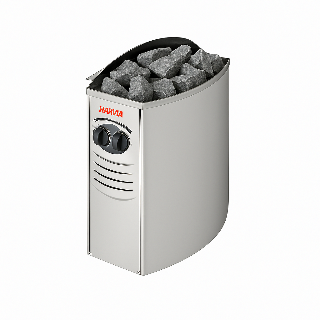 Harvia sauna heater with controls and sauna stones for luxury two-person sauna by SunRay