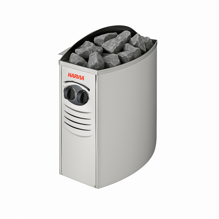 Harvia sauna heater with controls and sauna stones for luxury two-person sauna by SunRay