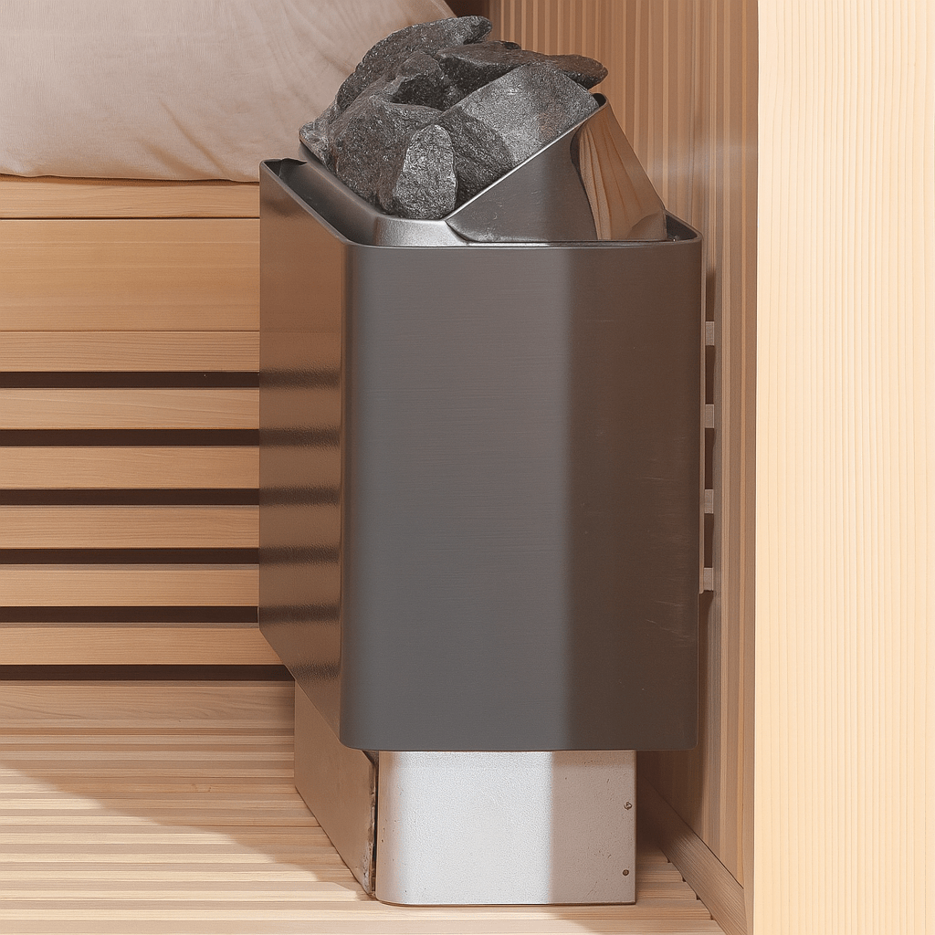 SunRay luxury two-person sauna with a modern heater and natural wood interior for relaxing experiences