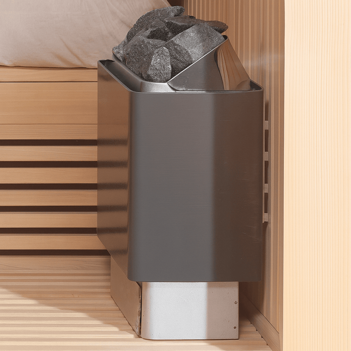 SunRay luxury two-person sauna with a modern heater and natural wood interior for relaxing experiences