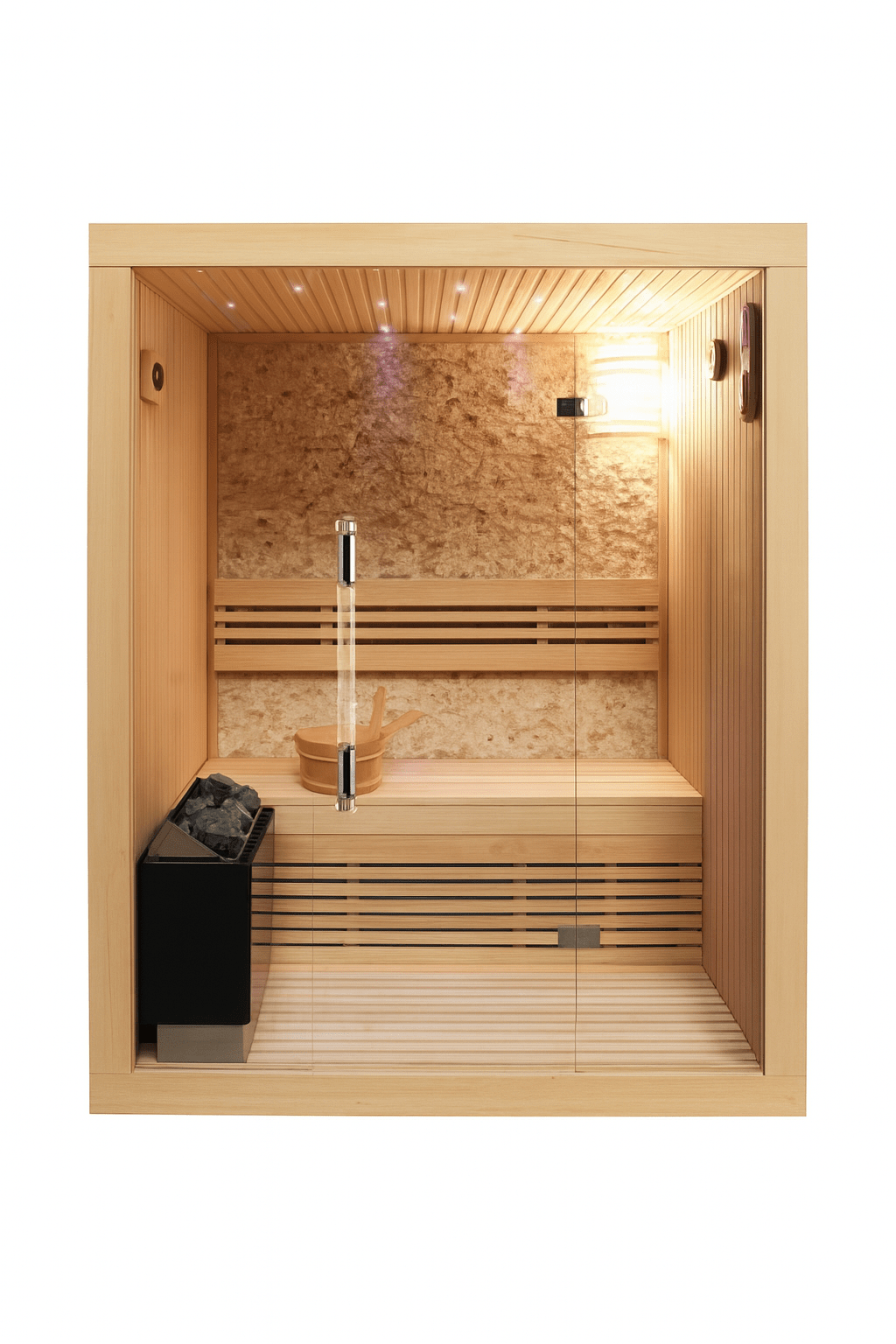 SunRay luxury two-person sauna in a wooden design with interior lighting and heat source