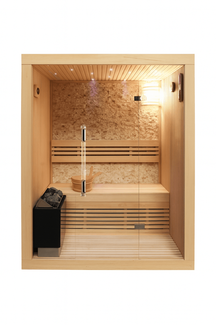 SunRay luxury two-person sauna in a wooden design with interior lighting and heat source