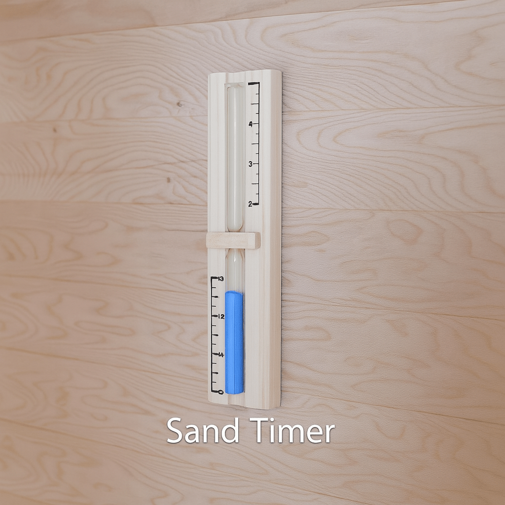 Sand timer mounted on a wall in a luxury two-person sauna for time management during relaxation