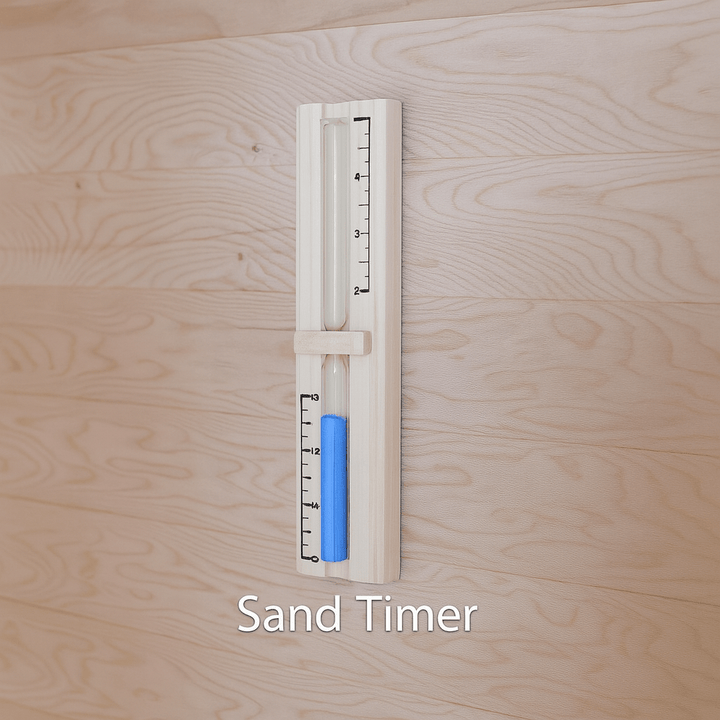 Sand timer mounted on a wall in a luxury two-person sauna for time management during relaxation