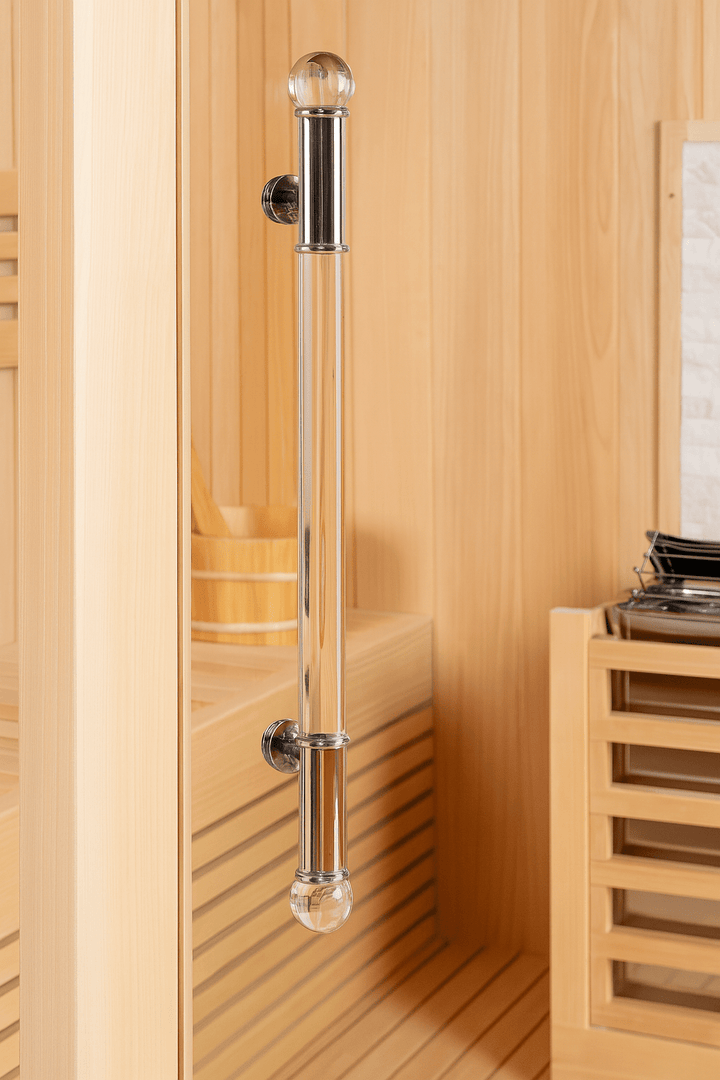 SunRay luxury two-person sauna with sleek glass door handle and warm wood interior design
