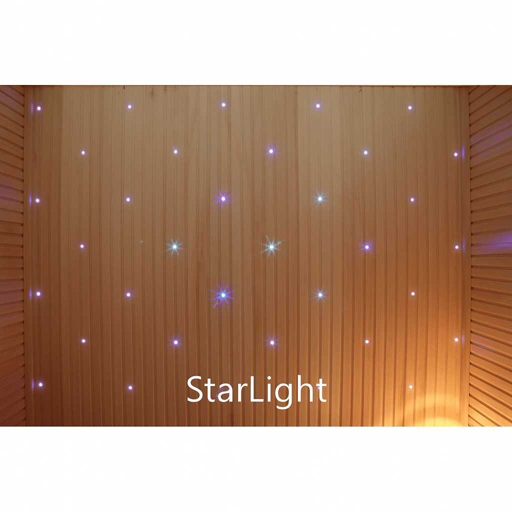 Luxury two-person sauna interior featuring ambient Starlight lighting for a relaxing experience