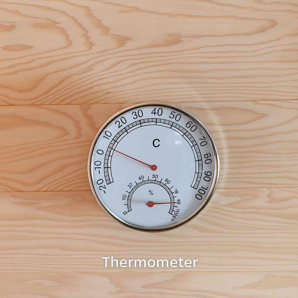 Thermometer gauge showing temperature and humidity inside a luxury two-person sauna by SunRay