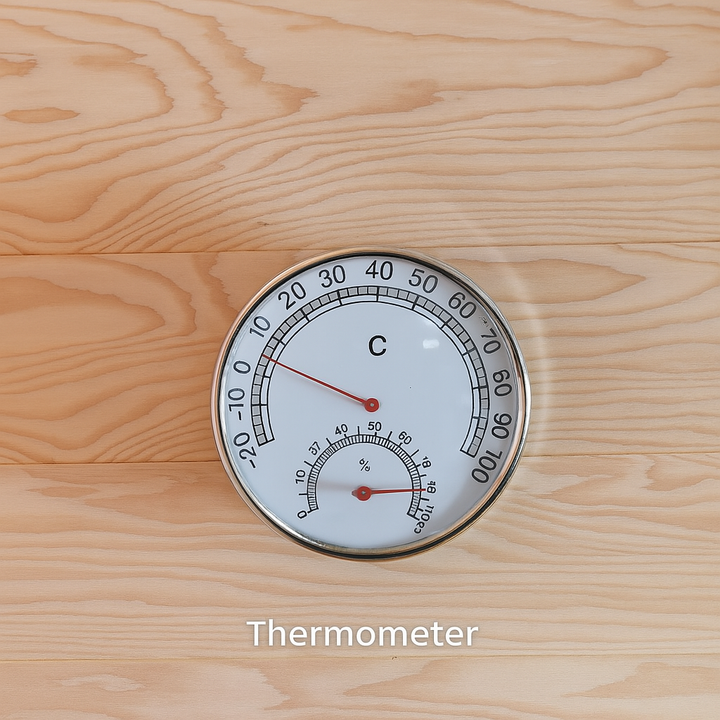 Thermometer gauge showing temperature and humidity inside a luxury two-person sauna by SunRay