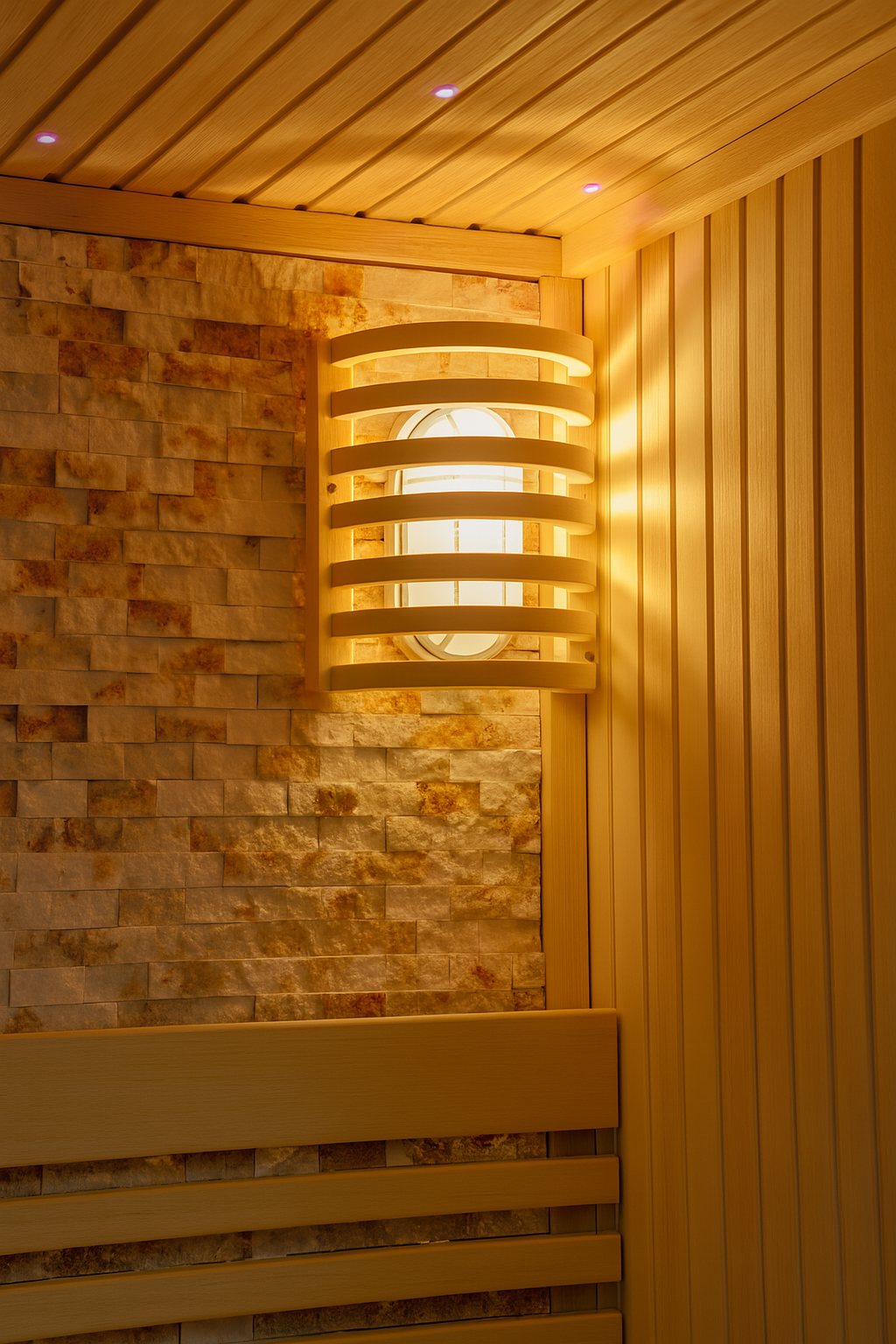 Interior corner of SunRay luxury two-person sauna featuring wooden walls and warm light fixture