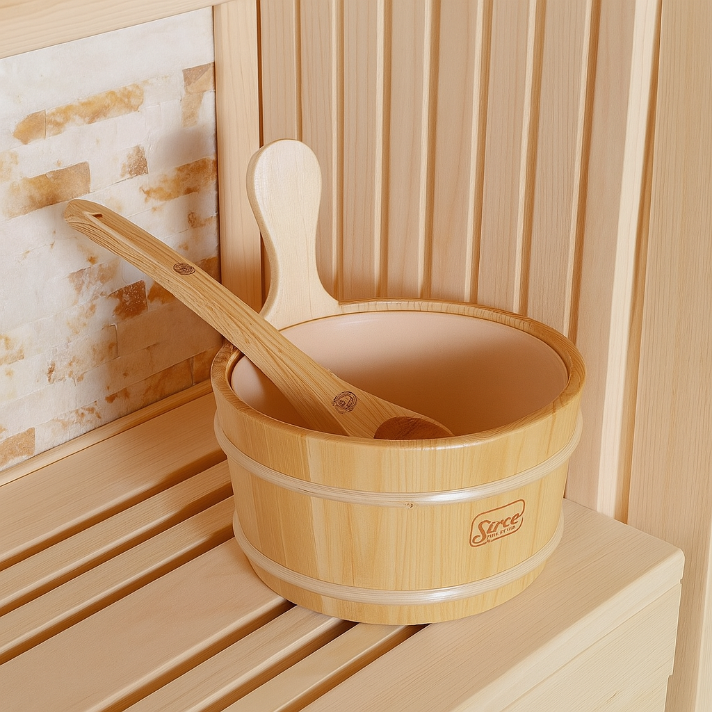 SunRay luxury two-person sauna wooden bucket with ladle inside light wood sauna interior
