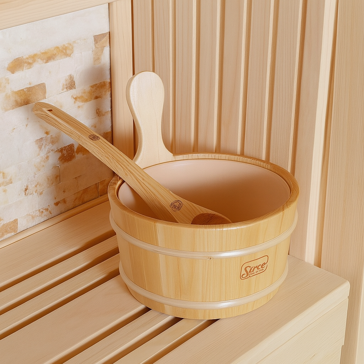 SunRay luxury two-person sauna wooden bucket with ladle inside light wood sauna interior