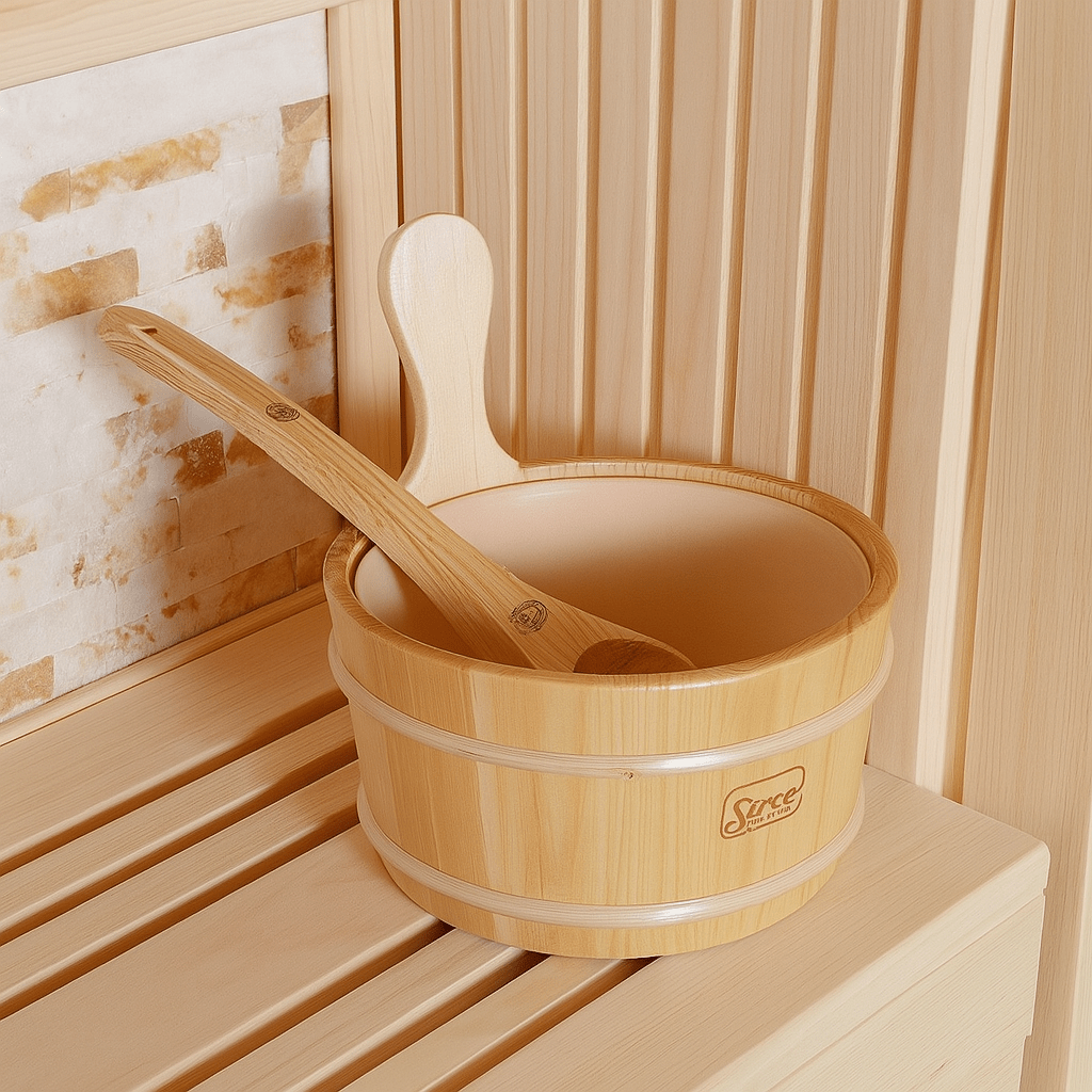 Wooden sauna bucket and ladle set for luxury two-person sauna experience