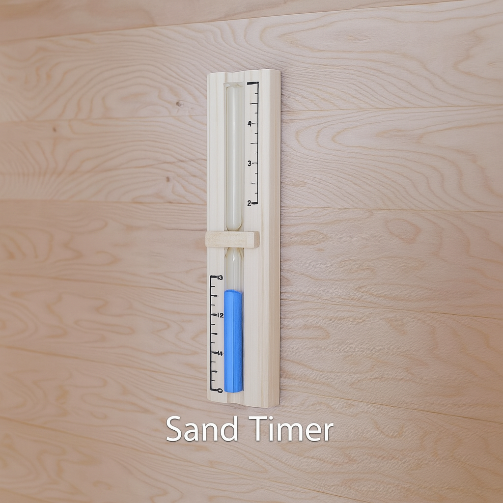 Sand timer mounted on wooden wall inside SunRay luxury two-person sauna for timing sessions