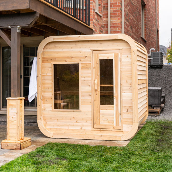 Leisurecraft traditional sauna made of wood with large window and door outdoor luxury sauna