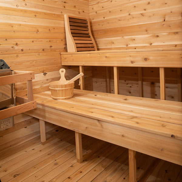 Leisurecraft traditional wooden interior of outdoor luxury sauna with benches and bucket