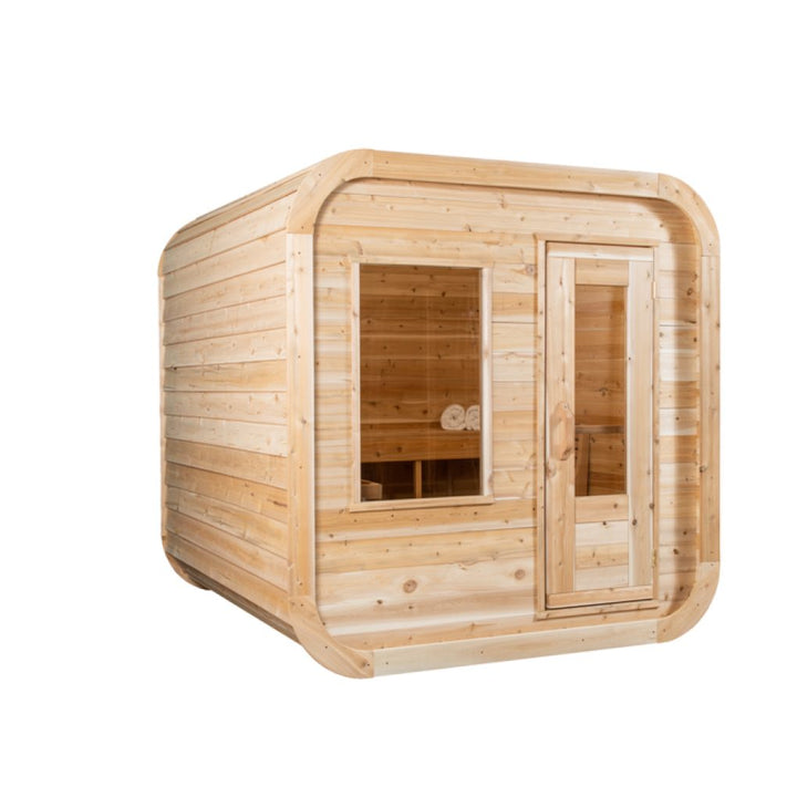 Leisurecraft traditional outdoor luxury sauna made of natural wood with large window and door