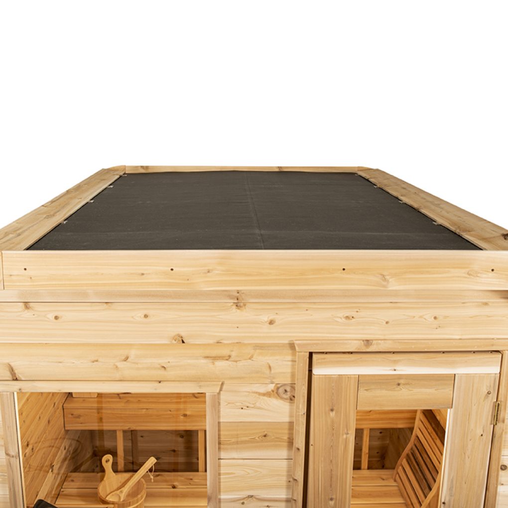 Leisurecraft traditional outdoor luxury sauna made of natural wood with glass door and bench inside