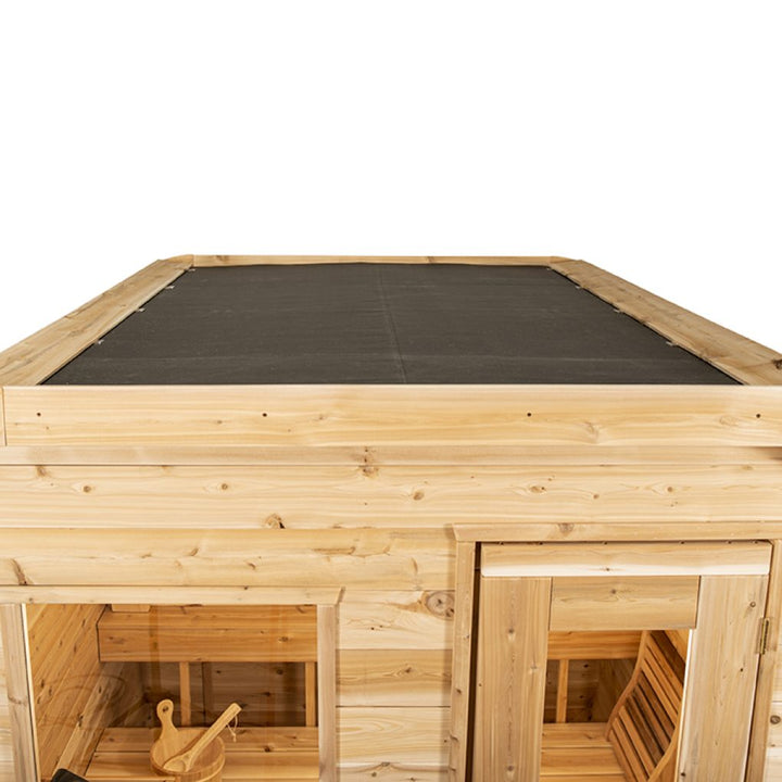 Leisurecraft traditional outdoor luxury sauna made of natural wood with glass door and bench inside