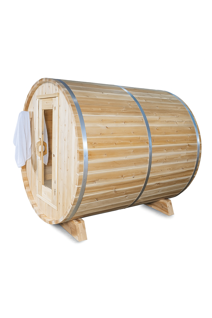 Leisurecraft barrel sauna made of wooden slats with metal bands and door towel for home spa sauna kit