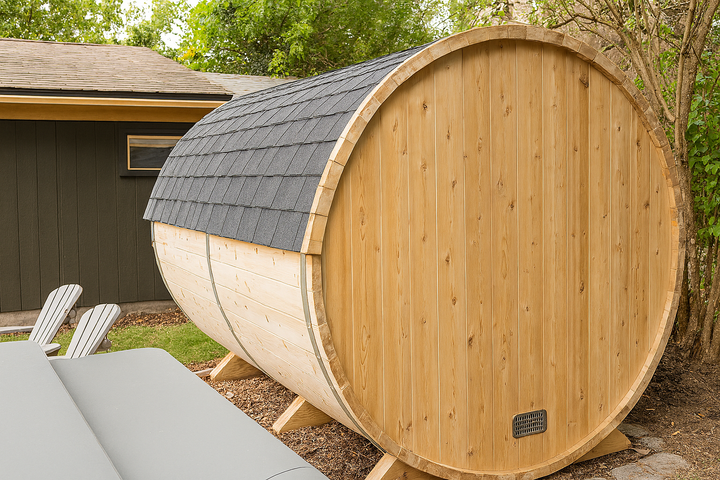 Leisurecraft barrel sauna with shingled roof outdoors perfect for home spa sauna kit use