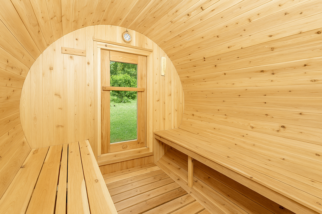 Interior of Leisurecraft barrel sauna with wooden benches perfect for a home spa sauna kit
