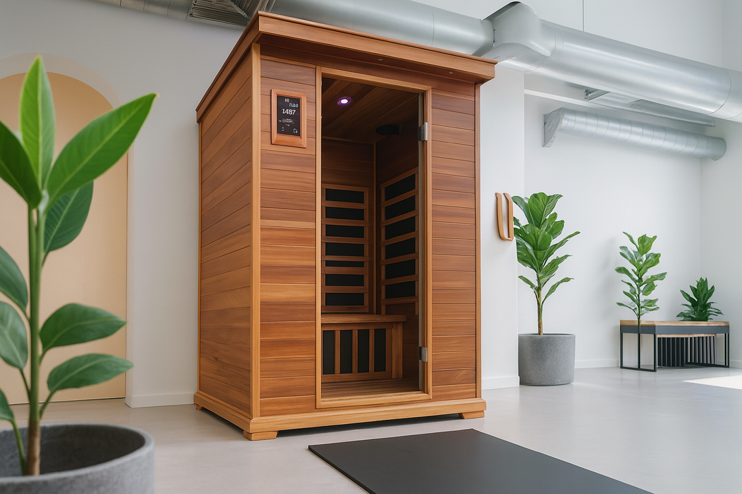 SunRay 2-person cedar sauna infrared sauna unit with wooden exterior in a modern room
