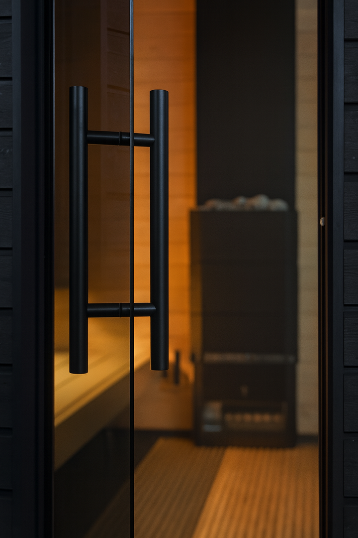 SaunaLife outdoor pre-assembled sauna glass door with black metal handle and warm wood interior and heater