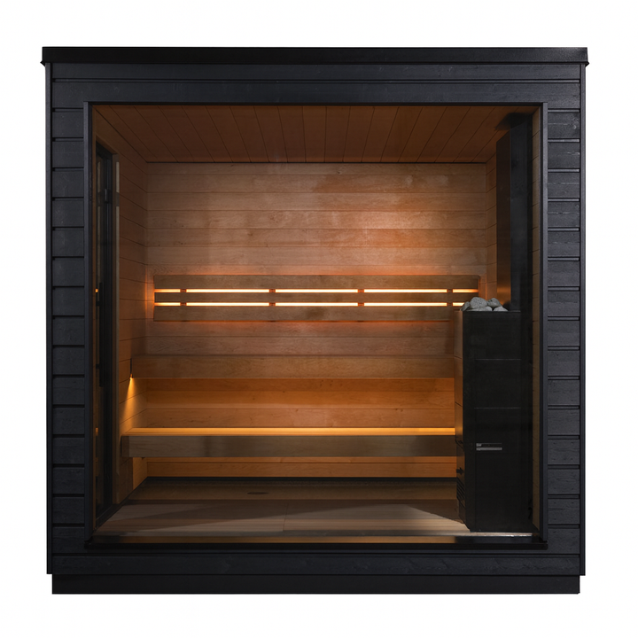SaunaLife outdoor pre-assembled sauna with black exterior large front glass wood interior benches and heater stones