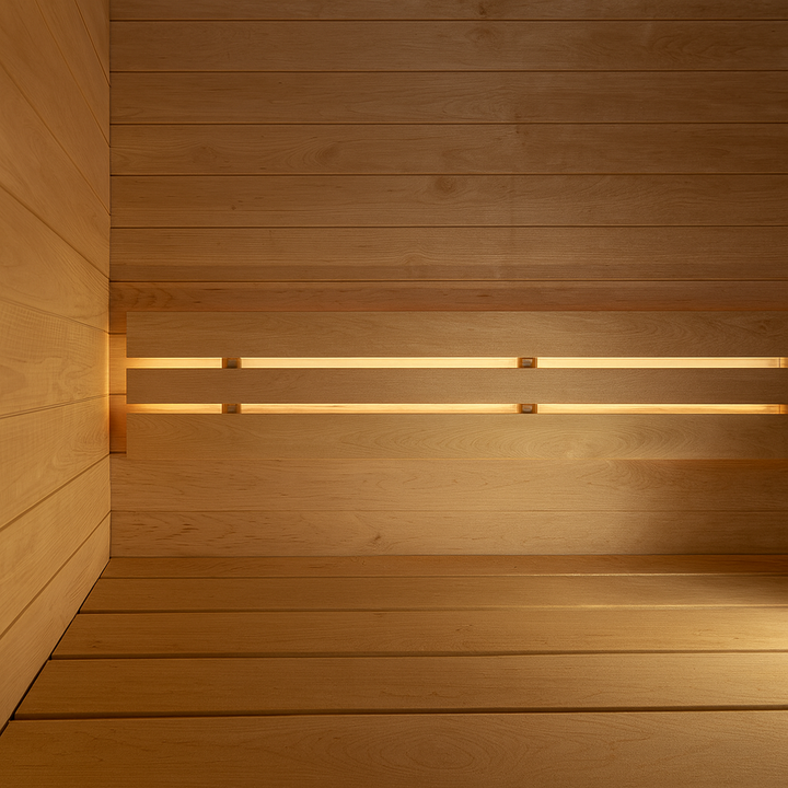 SaunaLife traditional sauna interior with wooden benches and warm backlighting in an outdoor pre-assembled sauna