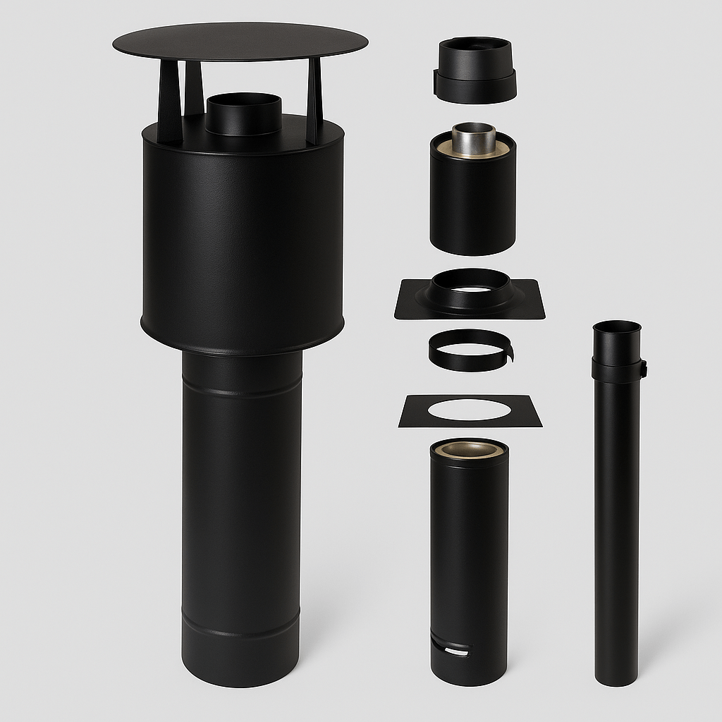 Narvi black heat resistant chimney kit with various components for efficient installation