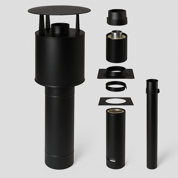 Narvi black heat resistant chimney kit with various components for efficient installation