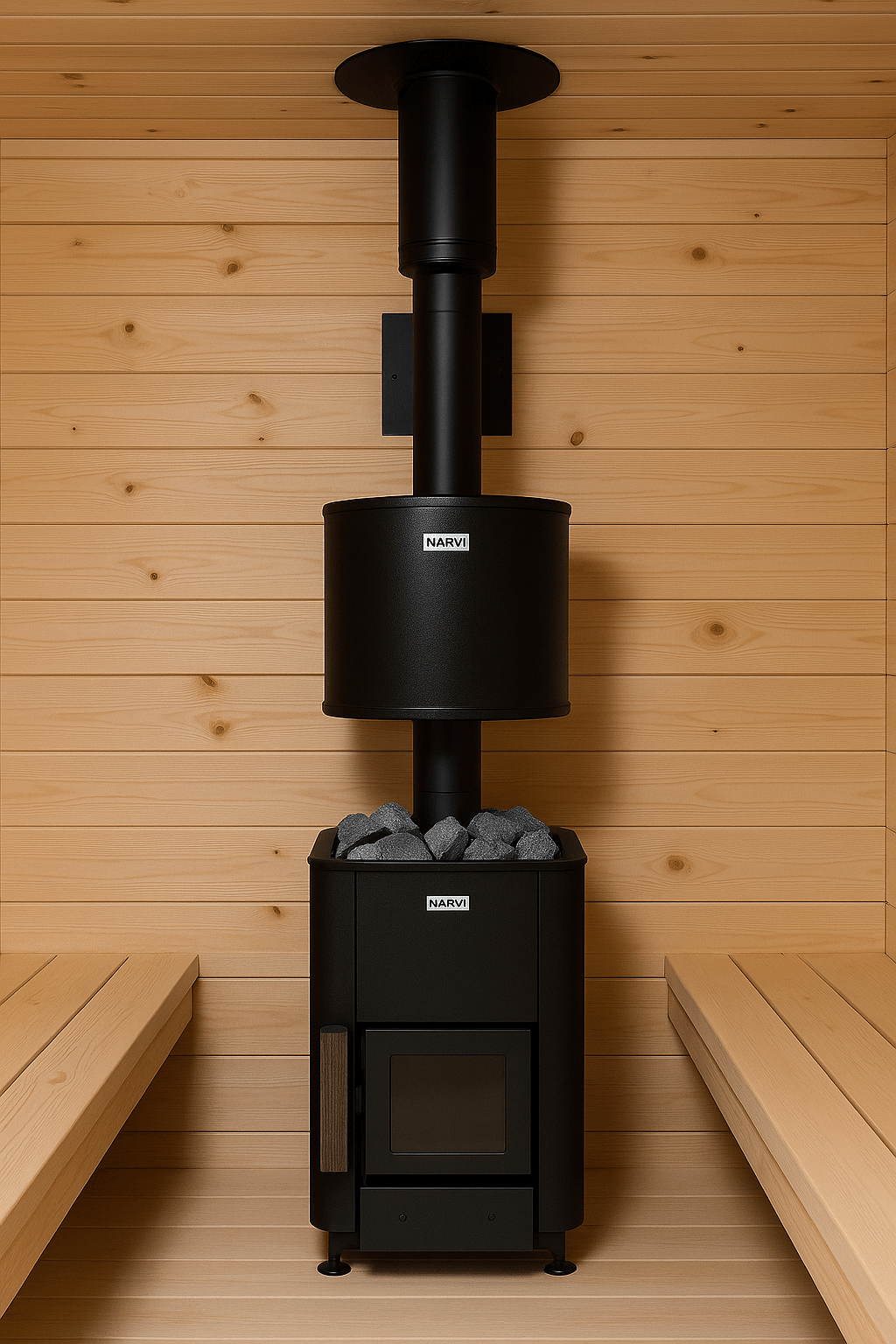 Narvi black heat resistant chimney kit installed with a sleek sauna stove and natural wood interior