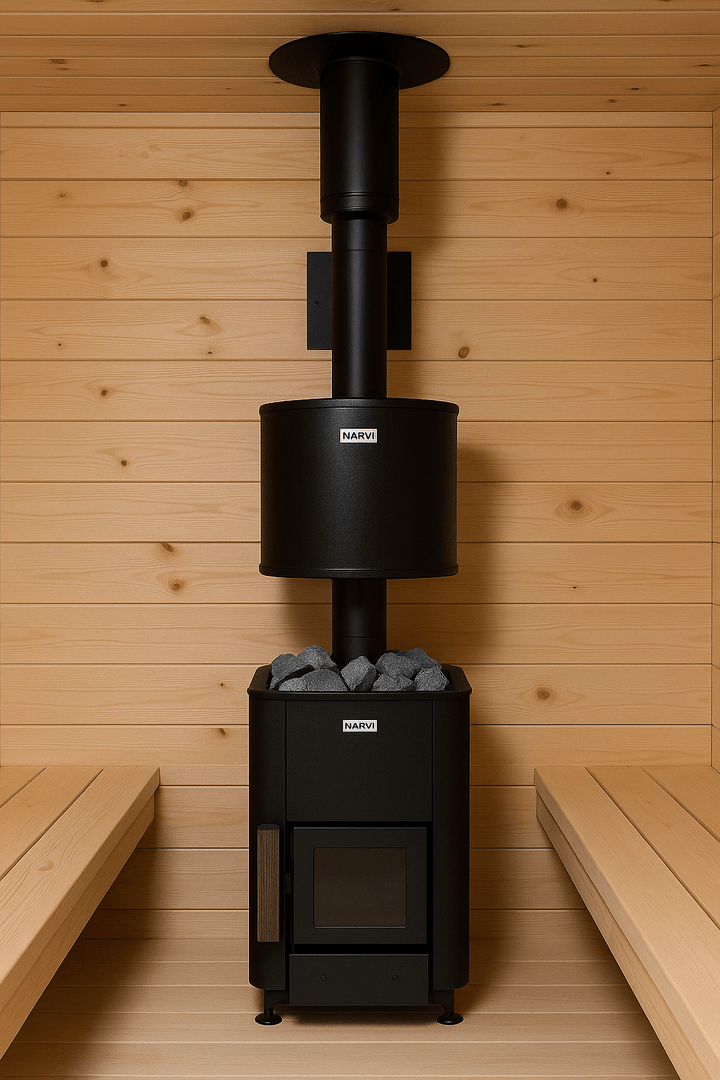 Narvi black heat resistant chimney kit installed with a sleek sauna stove and natural wood interior