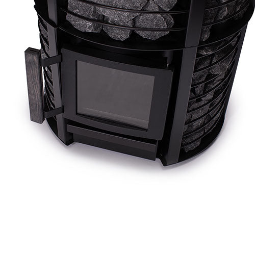 Close-up of Narvi Inari sauna stove black metal door and stone holder for sauna heating
