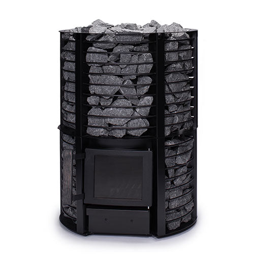 Narvi Inari sauna stove with black metal frame and sauna stones for efficient heating