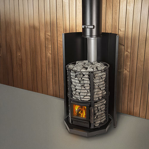 Narvi Inari sauna stove with stone-filled metal frame and visible fire inside in a wooden sauna room